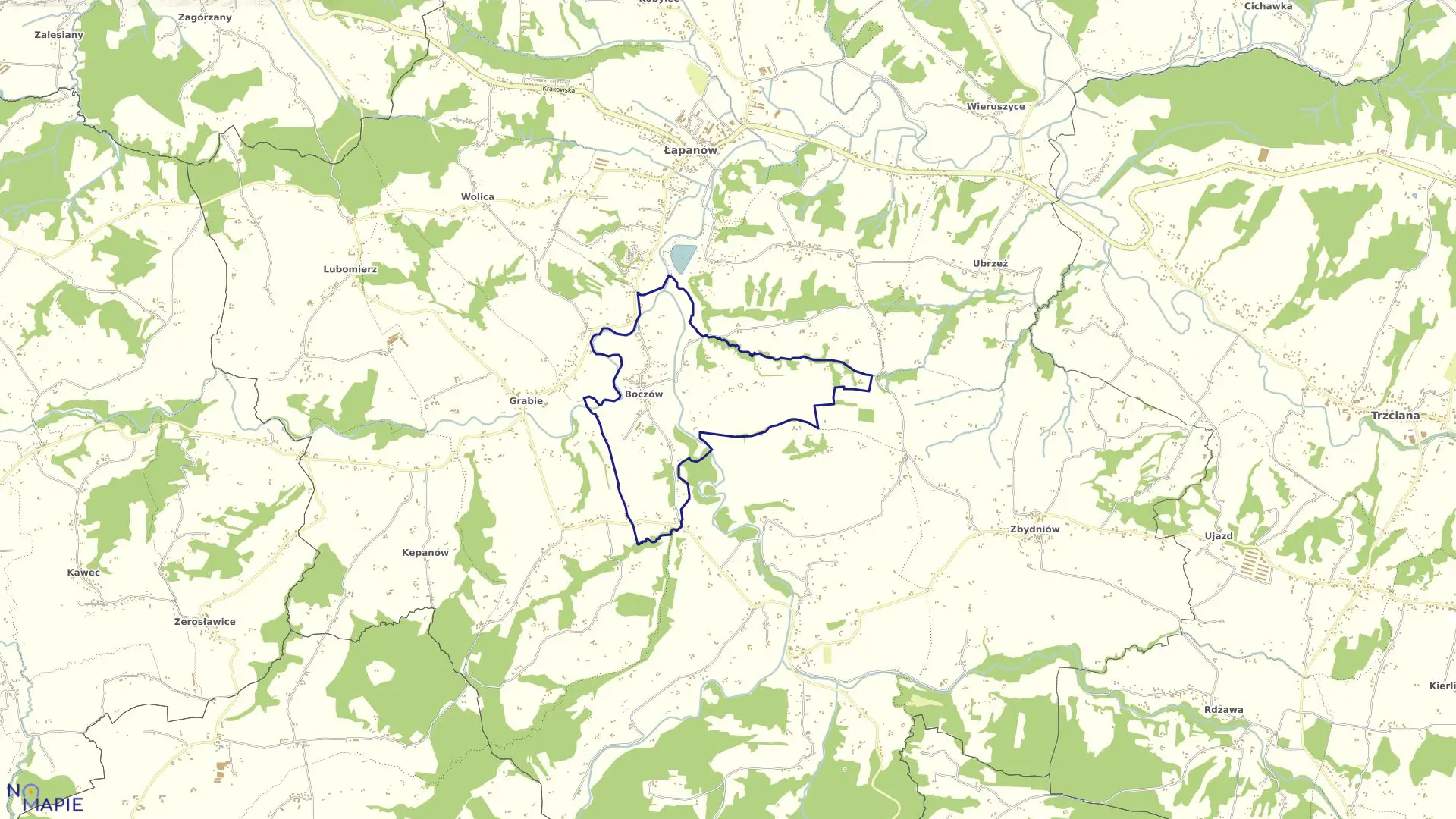 Mapa obrębu Boczów w gminie Łapanów
