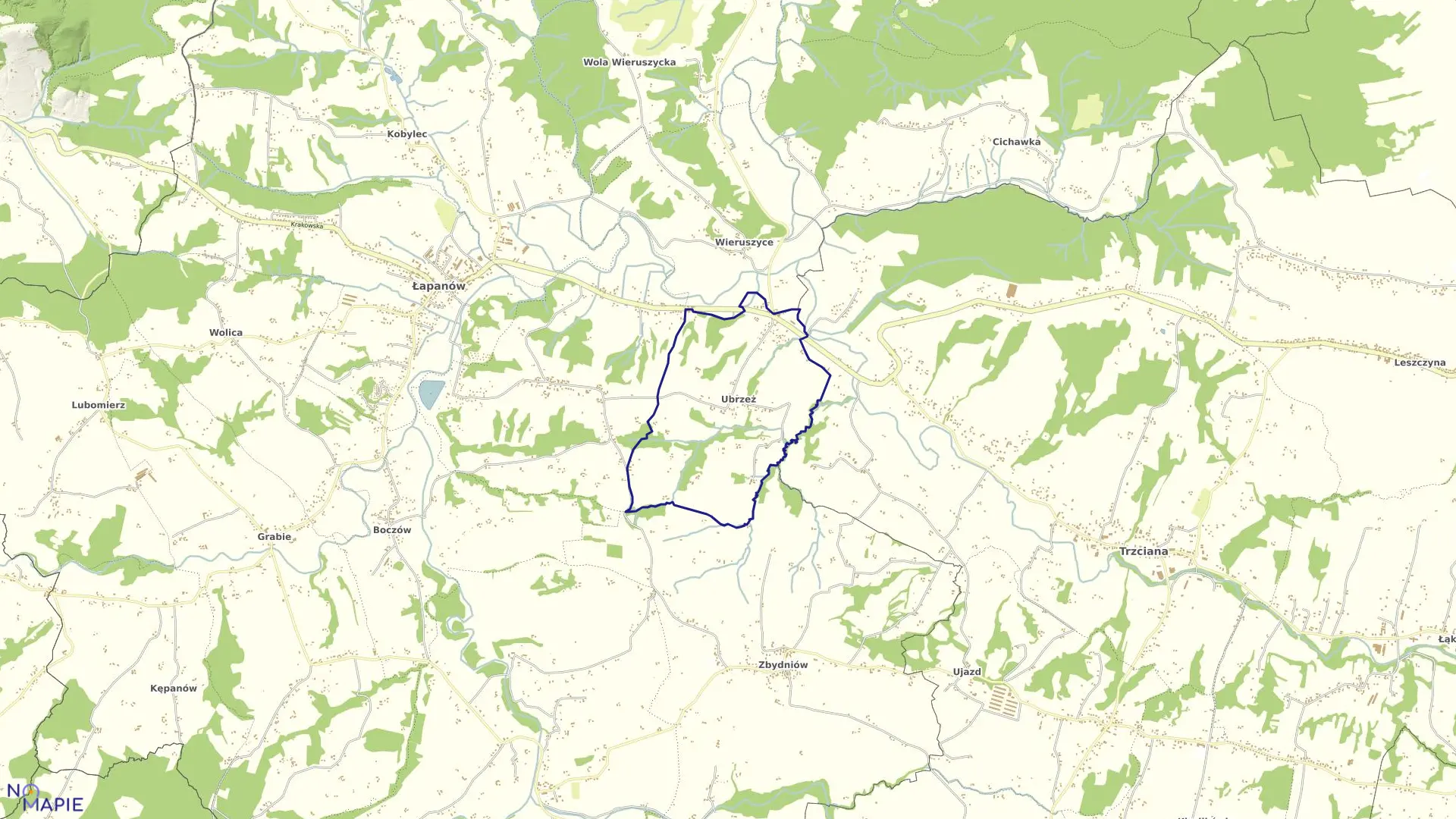 Mapa obrębu Ubrzeż w gminie Łapanów