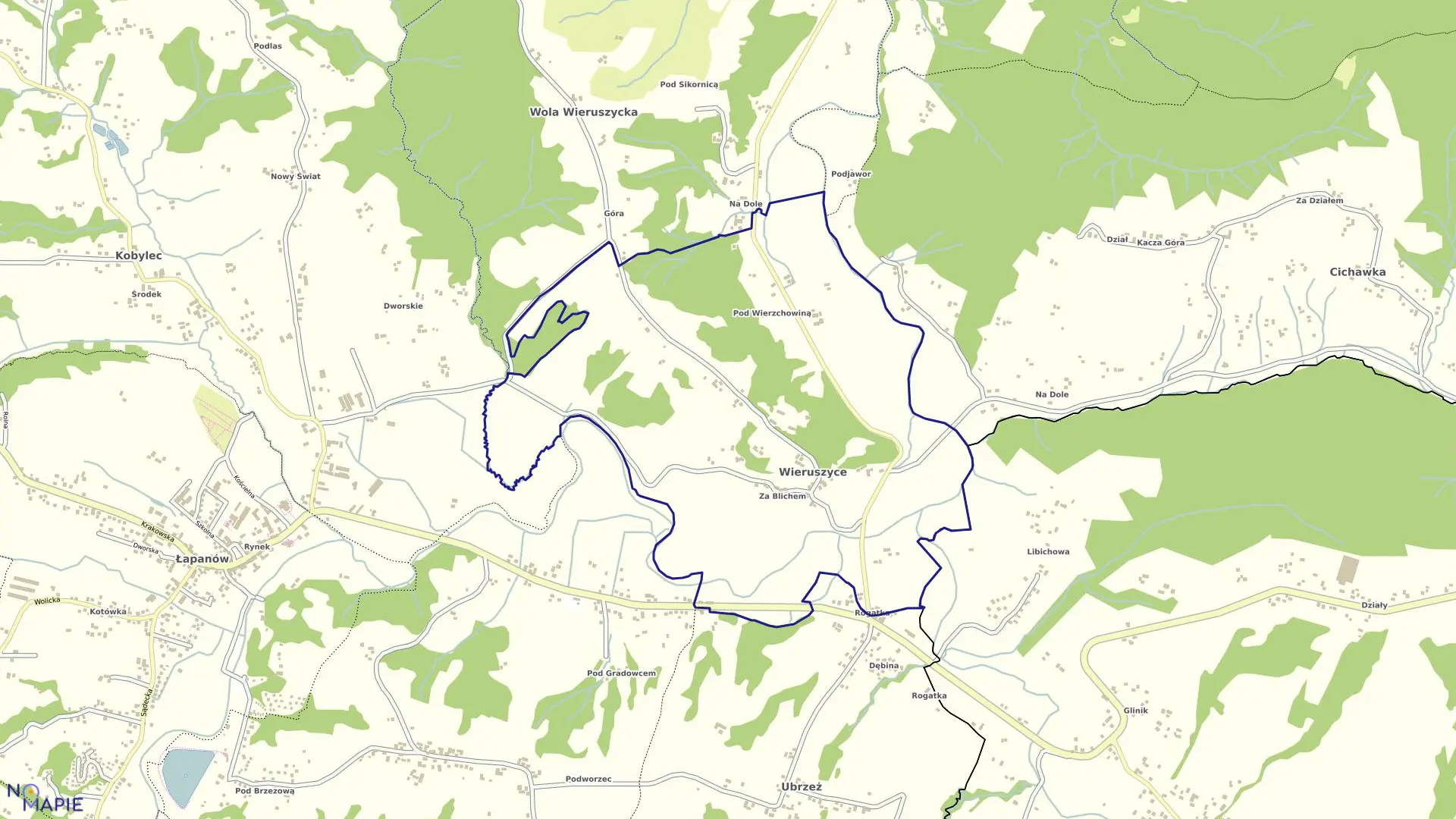 Mapa obrębu Wieruszyce w gminie Łapanów