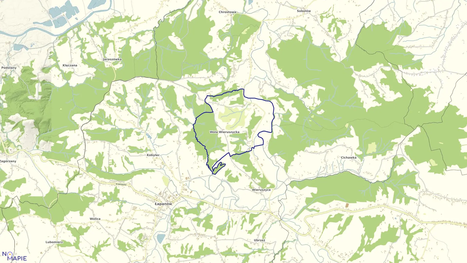 Mapa obrębu Wola Wieruszycka w gminie Łapanów